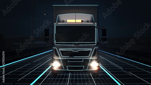 Autonomous Semi Truck Driving at Night with AI HUD Technology Visualization. Self-Driving Electric Cargo Semi-Truck Scans Road and Activates Smart Autopilot Controls for Future Logistics Concept