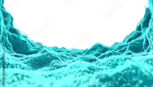 An abstract ocean-like landscape with aqua-blue textured, undulating terrain leading into a bright white space