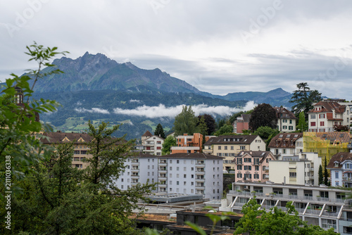 Elevated view of Lucerne historic old town and lake after rain, Switzerland