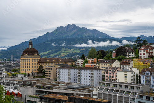 Elevated view of Lucerne historic old town and lake after rain, Switzerland