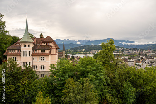 Elevated view of Lucerne historic old town and lake after rain, Switzerland