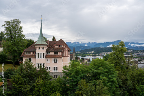Elevated view of Lucerne historic old town and lake after rain, Switzerland