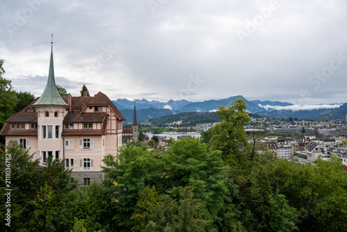Elevated view of Lucerne historic old town and lake after rain, Switzerland