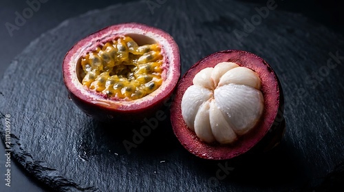 Studio low-key shot of exotic purple passion fruit and ripe mangosteen