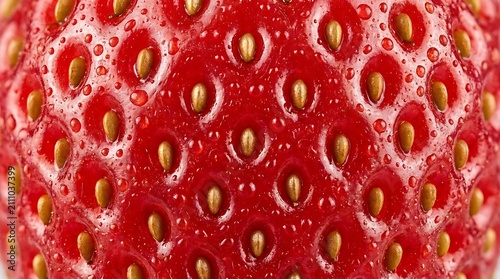 Extreme macro details of ripe strawberry skin texture showing yellow seeds and moisture