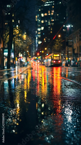 Rainy city street at night with colorful light reflections