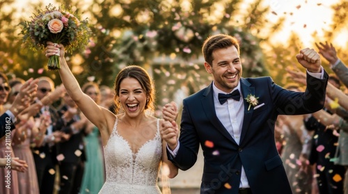 Joyful bride and groom celebrate wedding day with confetti