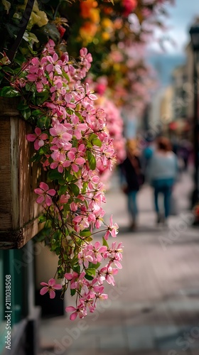 Vibrant pink flowers cascade from a planter on a city street