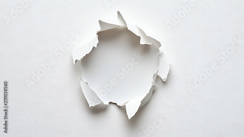White textured paper with a ragged hole revealing blank space beneath