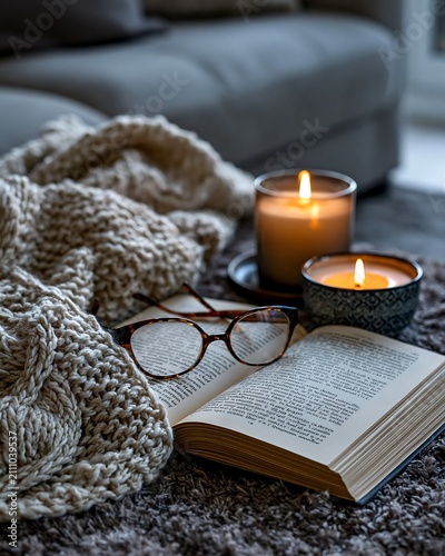 Cozy Home Ambiance: Book, Eyeglasses, Lit Candles, and Warm Knitted Blanket