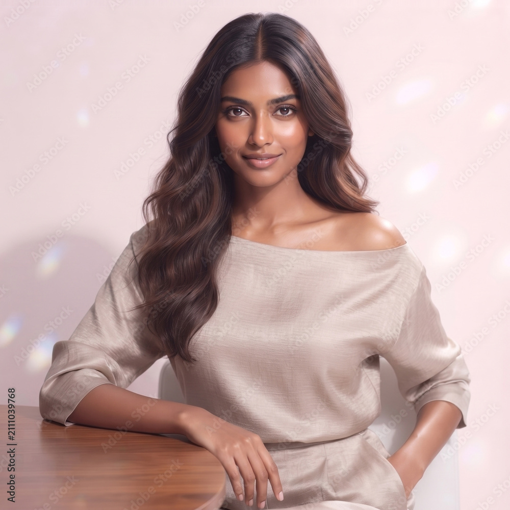 Fototapeta premium Confident Young Woman with Wavy Hair Resting Hand on Table in Soft Lit Interior with Copy Space