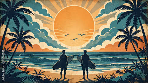 Two surfers standing with surfboards on a beach at sunset, vintage retro art style with palm trees, suitable for travel posters, surf brands and summer promotion