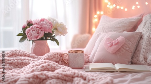 Pastel bedroom interior with fluffy blanket open book vase flowers and glowing window light creating cozy morning atmosphere for home comfort reading relaxation lifestyle decor and peaceful self care