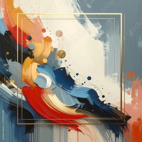 An abstract painted image, featuring colorful brushstrokes and a gold square. Swirls of vibrant hues and gold circles grace the composition