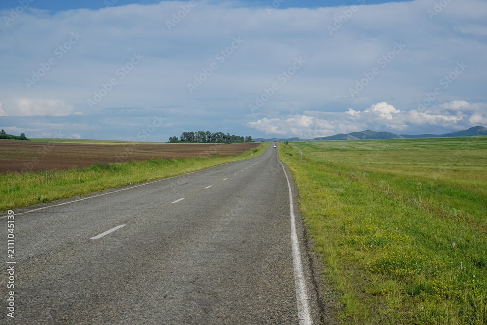 Fototapeta premium Empty highway stretching through green fields