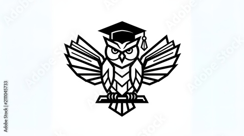 Wise owl wearing graduation cap with open book wings vector logo design concept for education and academy