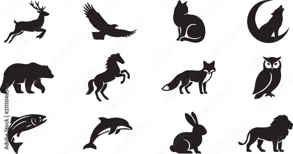 Obraz premium Set of twelve black animal silhouettes including a jumping deer, flying eagle, sitting cat, howling wolf, bear, horse, fox, owl, fish, dolphin