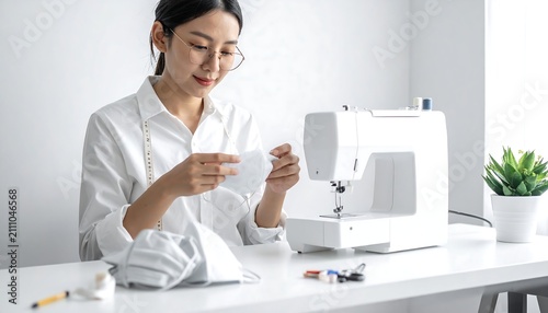 An Asian woman with glasses sits at a table sewing face masks next to a sewing machine, creating a protective garment