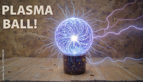 Plasma globe emitting electric lightning bolts. High-voltage energy sphere with purple and blue electrical discharge on wooden table.