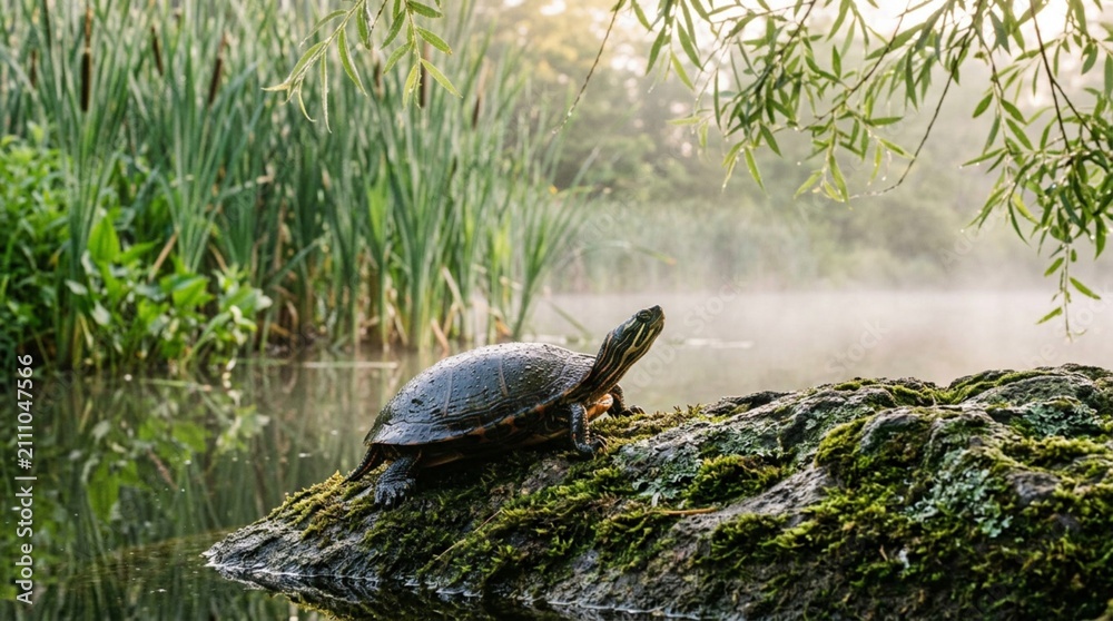 Obraz premium A small freshwater turtle with a dark glistening shell rests peacefully on a moss-covered rock at the edge of a serene pond, surrounded by tall reeds and weeping willow branches in morning mist