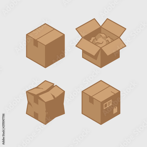 Isometric cardboard boxes in various states.
