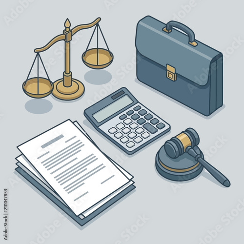 Isometric legal tools and law office equipment set
