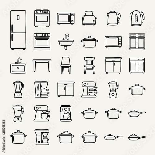 Kitchen appliances and cookware line icon grid.