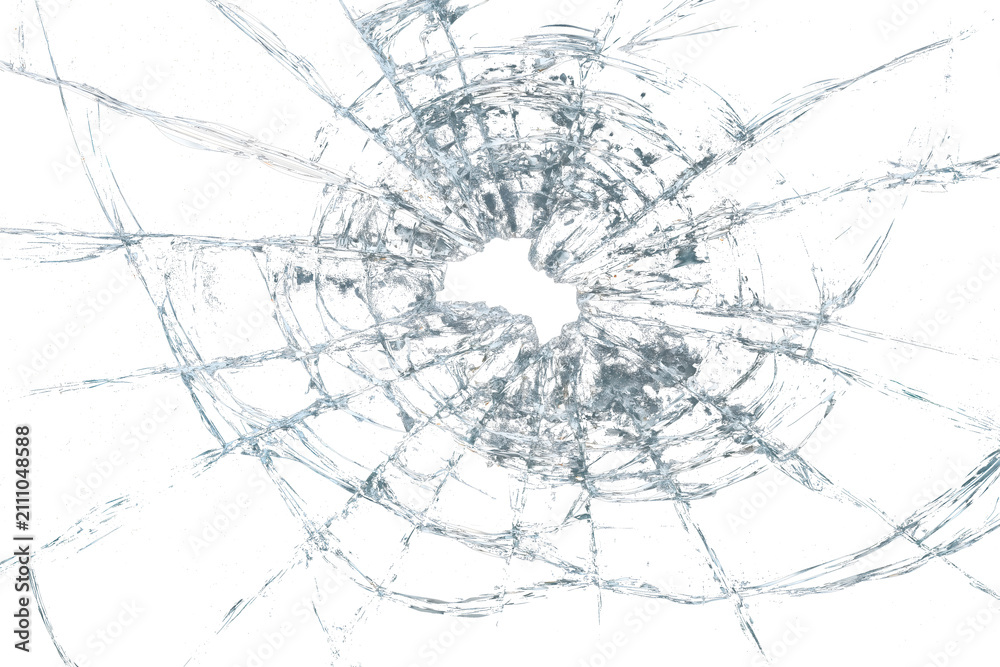 Obraz premium Transparent broken glass hole overlay PNG with realistic impact crack effect.