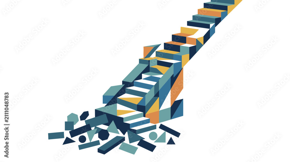 Obraz premium Abstract Geometric Staircase Climbing Upward with Crumbling Blocks Concept