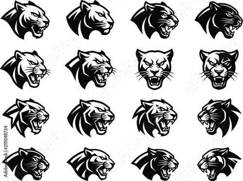 Collection of black panther head vector illustrations for sports teams and mascot designs