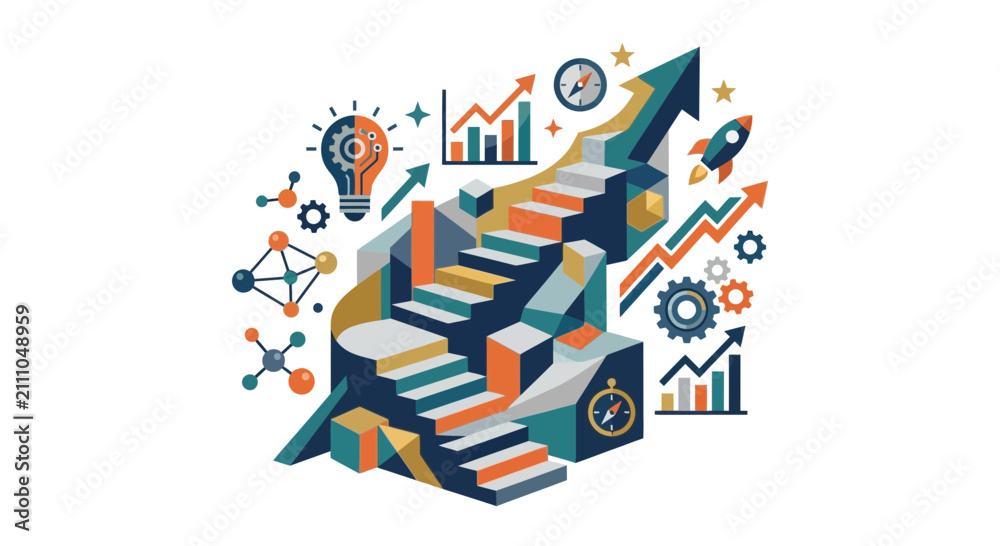 Obraz premium Isometric Business Growth Concept with Stairs Strategy and Creative Innovation Icons