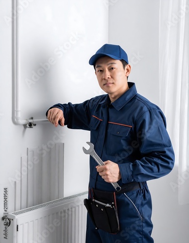 An Asian-looking man in blue work attire stands confidently, holding a wrench, near a radiator. He leans against a white wall