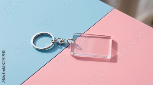 Blank acrylic keychain on colorful background. Clear plastic key ring for custom design.