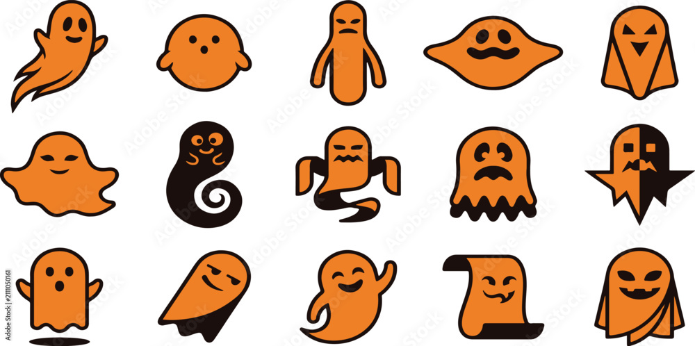 Obraz premium Set of cute orange ghost characters for halloween decorations and spooky party design elements on white background
