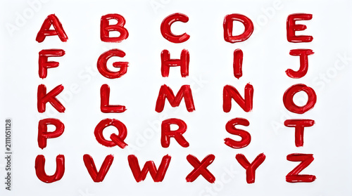 Red paint alphabet letters, glossy acrylic typography set, hand painted uppercase font for creative design projects isolated on White Background