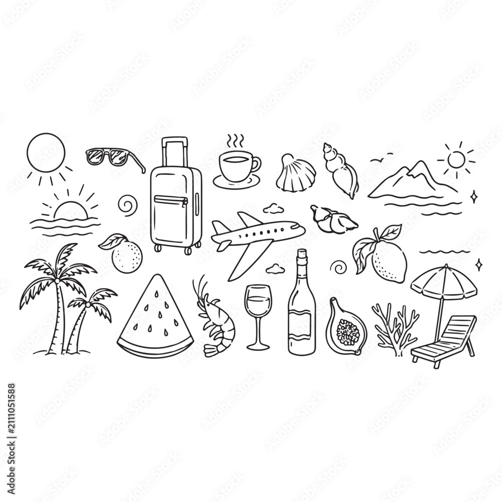 Obraz premium Mediterranean Summer Vacation Hand Drawn Vector Illustration Set with Mixed Media Collage, Watercolor Lemons, Palm Trees and Doodle Sketch Elements