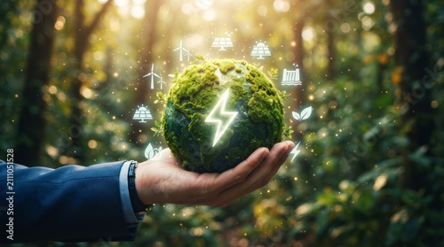 A mossy earth globe featuring renewable energy source icons for a green electricity concept.