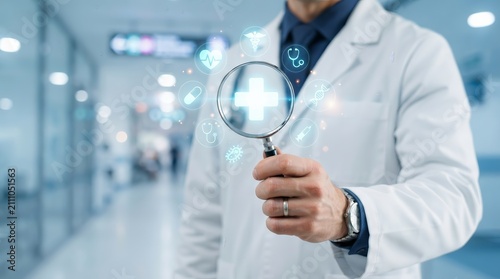 Medical examination service concept with a doctor holding a magnifying glass.