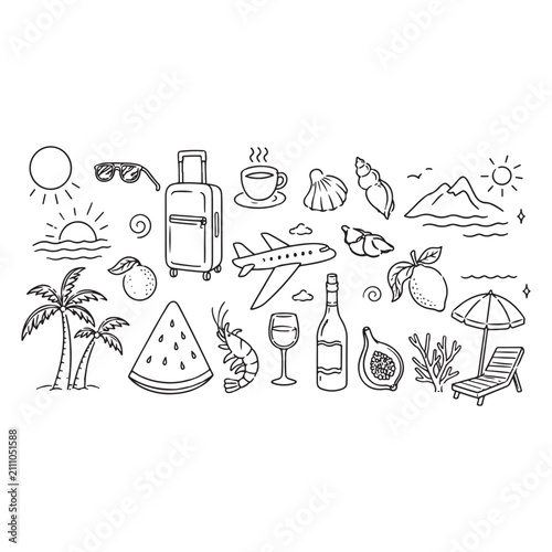 Mediterranean Summer Vacation Hand Drawn Vector Illustration Set with Mixed Media Collage, Watercolor Lemons, Palm Trees and Doodle Sketch Elements