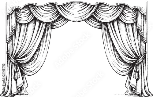 Drapery curtains elegantly swagged with tassels against a white background