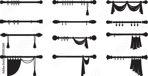 Valokuva Window curtain rod silhouettes with decorative finials and fabric drapery styles