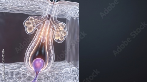 Human hair follicle anatomy with sebaceous gland and dermal papilla 3D render