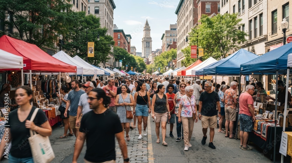 Obraz premium Diverse crowds gather for a lively summer street market festival with colorful stalls.