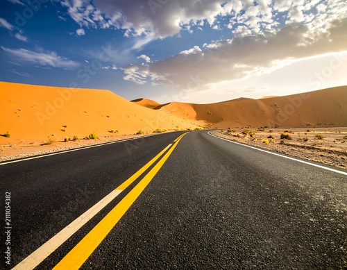 An asphalt road curves through a desert landscape with large sand dunes under a partly cloudy sky at sunset