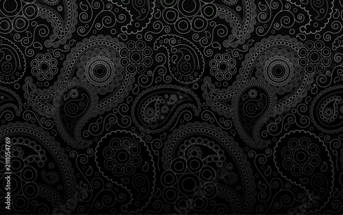 Dark Paisley Patterned Seamless Background with Vintage Floral Details
