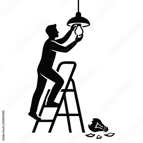 Man replacing broken light bulb. Electrical repair and home maintenance service. Black and white vector illustration isolated