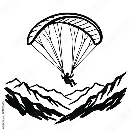 Man piloting paraglider above mountain valley. Minimalist black and white line art illustration. Extreme sports and outdoor adventure concept