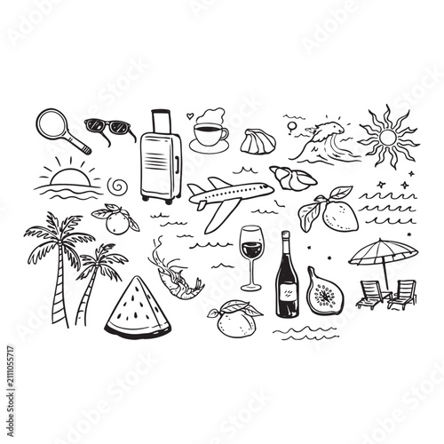 Mediterranean Summer Vacation Hand Drawn Vector Illustration Set with Mixed Media Collage, Watercolor Lemons, Palm Trees and Doodle Sketch Elements