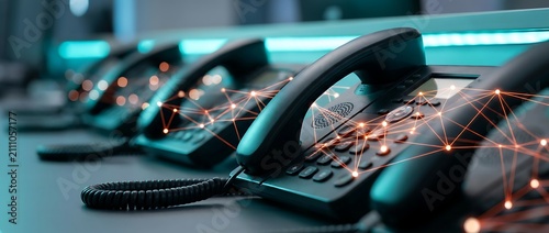Row of office desk telephones connected by glowing network lines suggesting communication technology and digital connection for business purposes.
