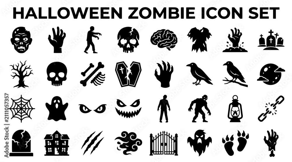 Fototapeta premium Halloween zombie icon set. Black vector symbols for horror design and spooky party graphics.